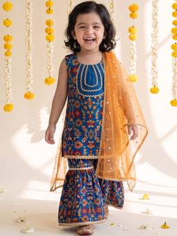 AJ Dezines - Blue floral Print Sleeveless Girls kurta Sharara and dupatta