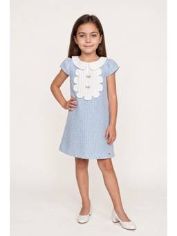 One Friday - Girls Blue Boucle Shirt Collar Half Sleeve Dress
