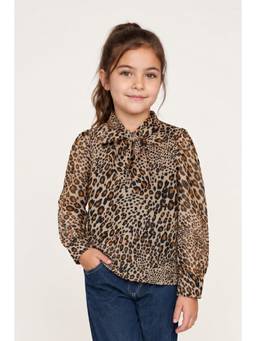 One Friday - Girls Leopard Print Chiffon Tie-Neck Top