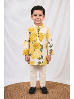 Little Collars - Cotton Flax Full Sleeves floral printed Kurta and pyjama