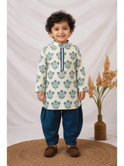 Little Collars - Cotton Blue Full Sleeves All over printed Kurta and Dhoti