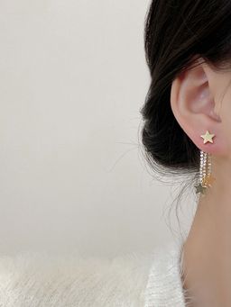 Yellow Chimes - Gold Toned Star Shaped Stud with Chain Back Drop Earrings