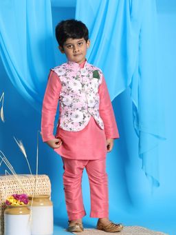 Vastramay - Boys Pink Jacket With Kurta & Pyjama (Set of 3)