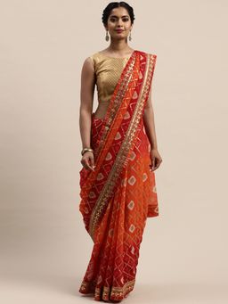 Vastranand - Orange Printed Bandhani Saree with Unstitched Blouse