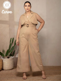 Twenty Dresses by Nykaa Fashion - Curve Beige Solid Notched Lapel Jumpsuit
