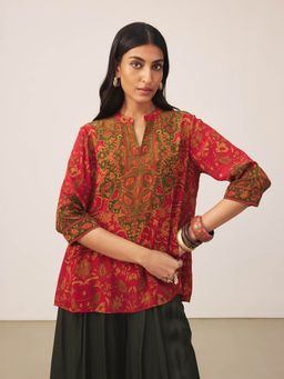 Ritu Kumar - Red Floral Three Fourth Sleeves Kurti