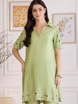 First Resort by Ramola Bachchan - Women Mint Green Cutwork Kurta