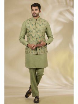 Manish Nagdeo - Jaal Printed Olive Kurta With Pant And Nehru Jacket