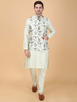 Manish Nagdeo - Digital Printed White Kurta With Churidar And Nehru Jacket