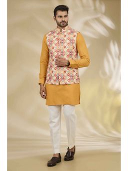 Manish Nagdeo - Digital Printed Yellow Kurta With Pant And Nehru Jacket