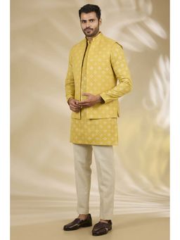 Manish Nagdeo - Mandala Printed Yellow Kurta With Pant And Nehru Jacket