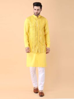 Manish Nagdeo - Embroidered Yellow Nehru Jakcet With Kurta And Pant