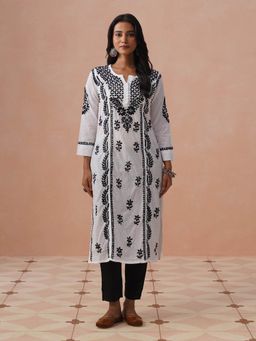 House of Chikankari - White Cotton Embroidered Full Sleeves Kurta
