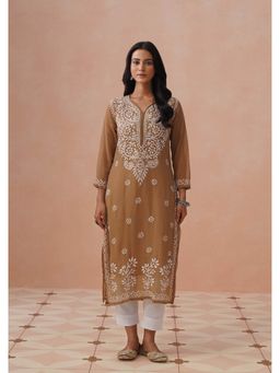House of Chikankari - Brown Georgette Embroidered Full Sleeves Kurta