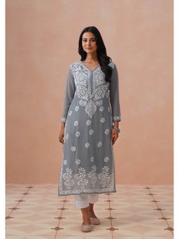 House of Chikankari - Grey Georgette Embroidered Full Sleeves Kurta
