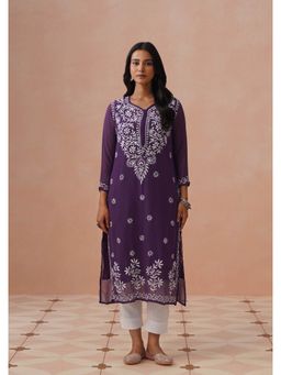 House of Chikankari - Purple Georgette Embroidered Full Sleeves Kurta