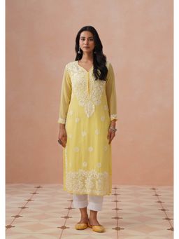 House of Chikankari - Yellow Georgette Embroidered Full Sleeves Kurta