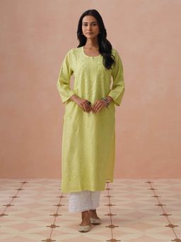House of Chikankari - Green Chanderi Embroidered Full Sleeves Kurta