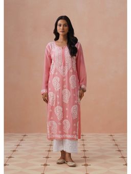 House of Chikankari - Pink Cotton Embroidered Full Sleeves Kurta