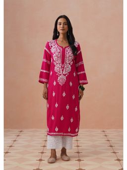 House of Chikankari - Pink Rayon Embroidered Full Sleeves Kurta