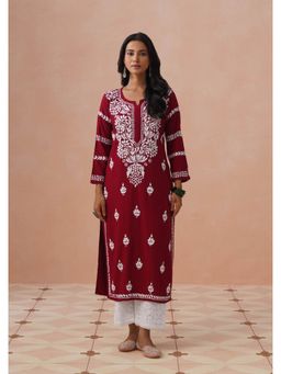 House of Chikankari - Maroon Rayon Embroidered Full Sleeves Kurta