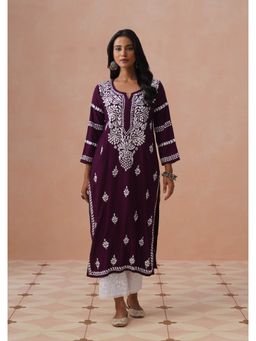House of Chikankari - Purple Rayon Embroidered Full Sleeves Kurta