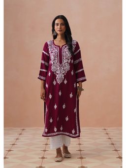 House of Chikankari - Wine Rayon Embroidered Full Sleeves Kurta