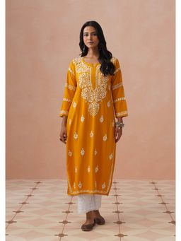 House of Chikankari - Yellow Rayon Embroidered Full Sleeves Kurta