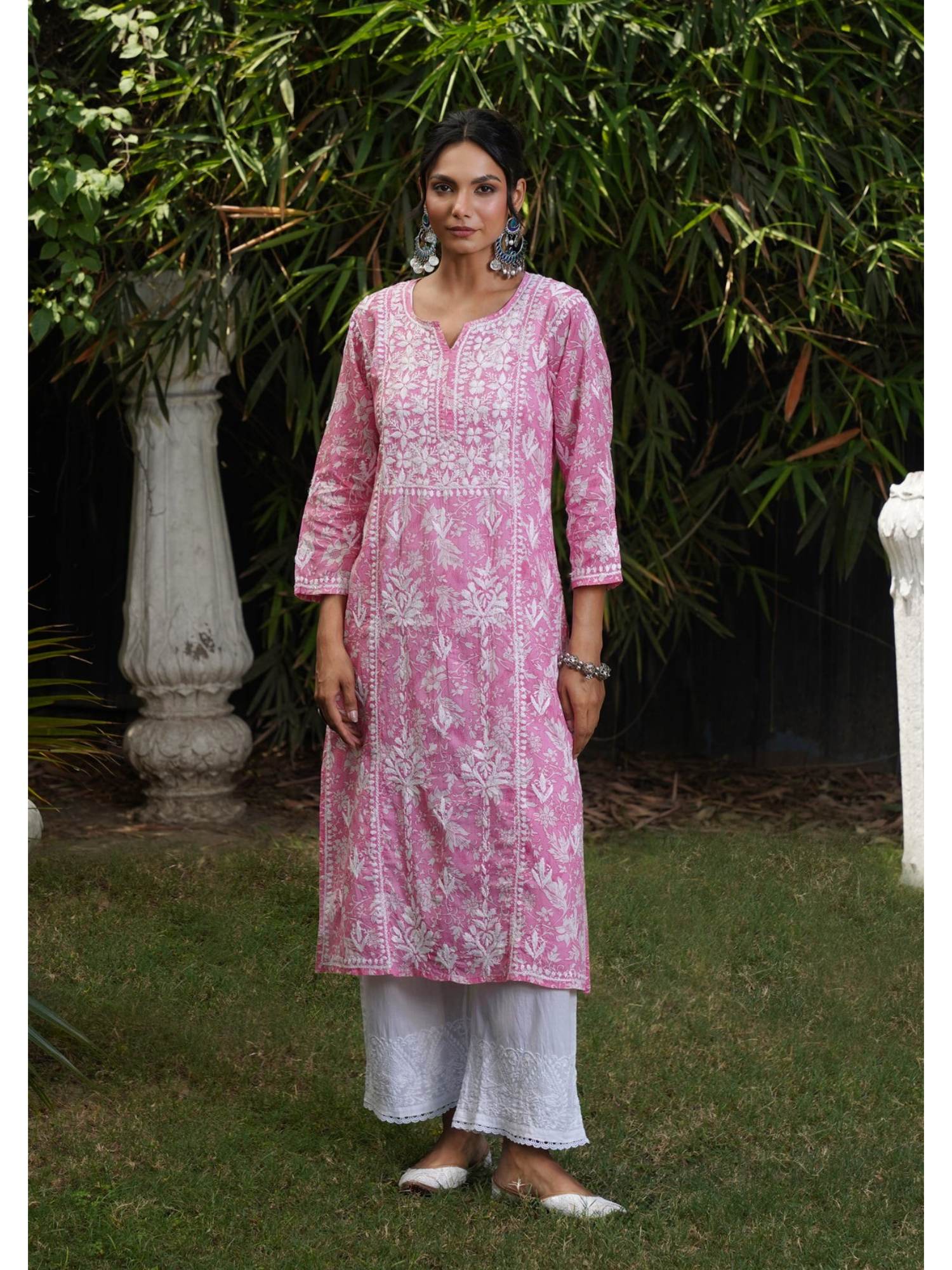 Pink Mulmul Embroidered Three Fourth Sleeves Kurta-picture-29