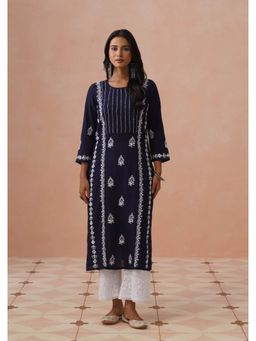 House of Chikankari - Navy Blue Modal Embroidered Three Fourth Sleeves Kurta