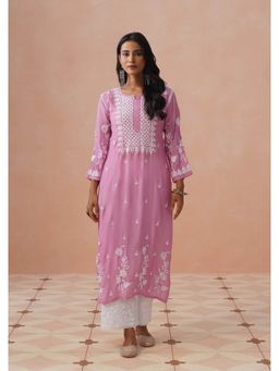 House of Chikankari - Pink Muslin Embroidered Full Sleeves Kurta