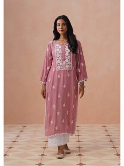 House of Chikankari - Peach Muslin Embroidered Full Sleeves Kurta