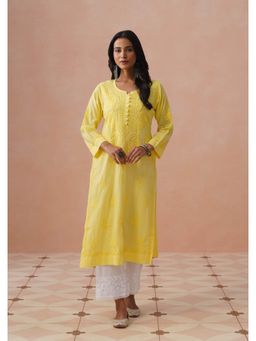 House of Chikankari - Yellow Cotton Embroidered Full Sleeves Kurta