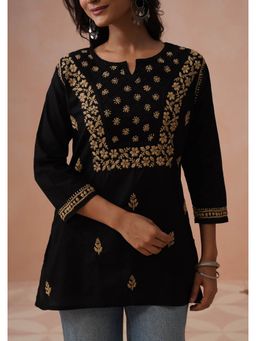 House of Chikankari - Black Cotton Embroidered Full Sleeves Kurta