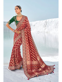 Mysilklove - Hot Red Fire Georgette Patola Saree