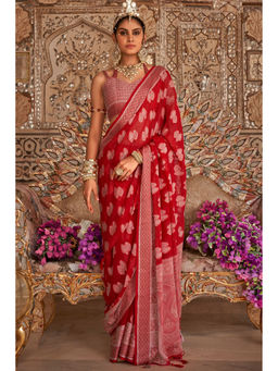 Mysilklove - Chilli Red Zari Woven Georgette Saree