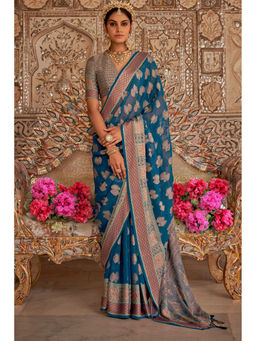 Mysilklove - Cobalt Blue Zari Woven Georgette Saree