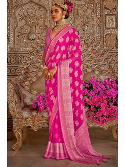 Mysilklove - French Rose Pink Zari Woven Georgette Saree