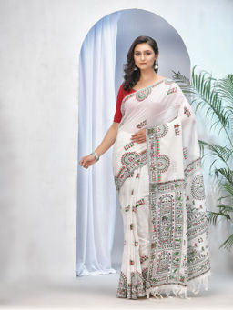 DESH BIDESH - Womens Pure Tribal Art Warli Printed Designer Handloom Saree with Unstitched Blouse