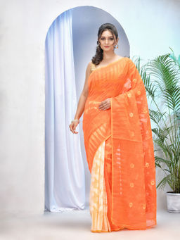 DESH BIDESH - Womens Handloom Tant Soft Dhakai Jamdani Saree Whole Body Design Without Blouse