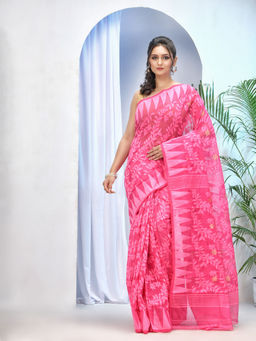 DESH BIDESH - Womens Handloom Tant Soft Dhakai Jamdani Saree Whole Body Design Without Blouse