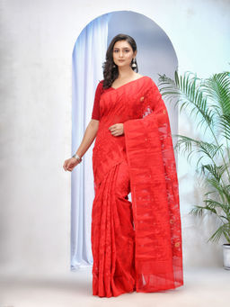 DESH BIDESH - Womens Handloom Tant Soft Dhakai Jamdani Saree Whole Body Design Without Blouse