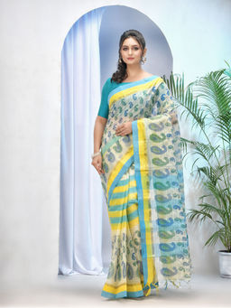 DESH BIDESH - Womens Bengal Tant Kolka Print Design Pure Handloom Cotton Saree Without Blouse