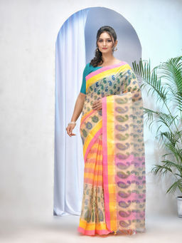 DESH BIDESH - Womens Bengal Tant Kolka Print Design Pure Handloom Cotton Saree Without Blouse