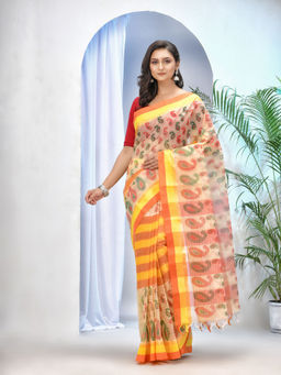 DESH BIDESH - Womens Bengal Tant Kolka Print Design Pure Handloom Cotton Saree Without Blouse