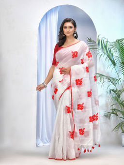 DESH BIDESH - Womens Silk Handloom Blend Saree Hibicus Joba Flower Design with Unstitched Blouse