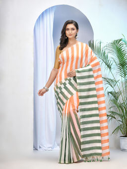 DESH BIDESH - Womens Tant Cotton Tri Colour Saree with Unstitched Blouse