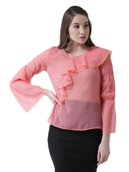 KASSUALLY - Pink Round Neck Frill Top