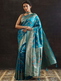 Libas - Blue Floral Woven Design Saree with Unstitched Blouse