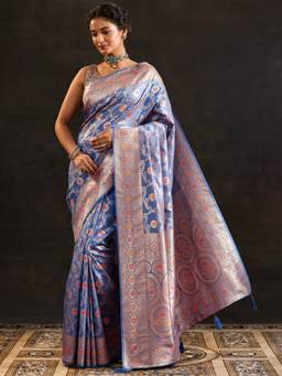 Libas - Blue Floral Woven Design Saree with Unstitched Blouse
